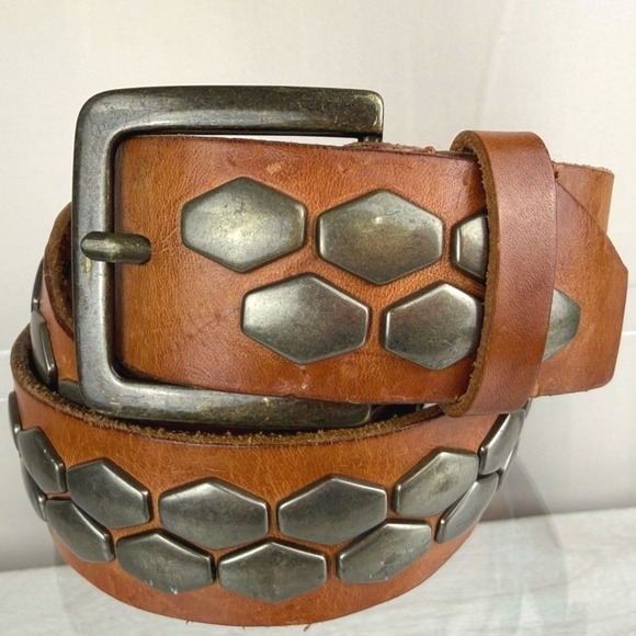 Other - Vintage Studded Tan Leather Belt (36) Brass Hex Grunge Boho Western Festival